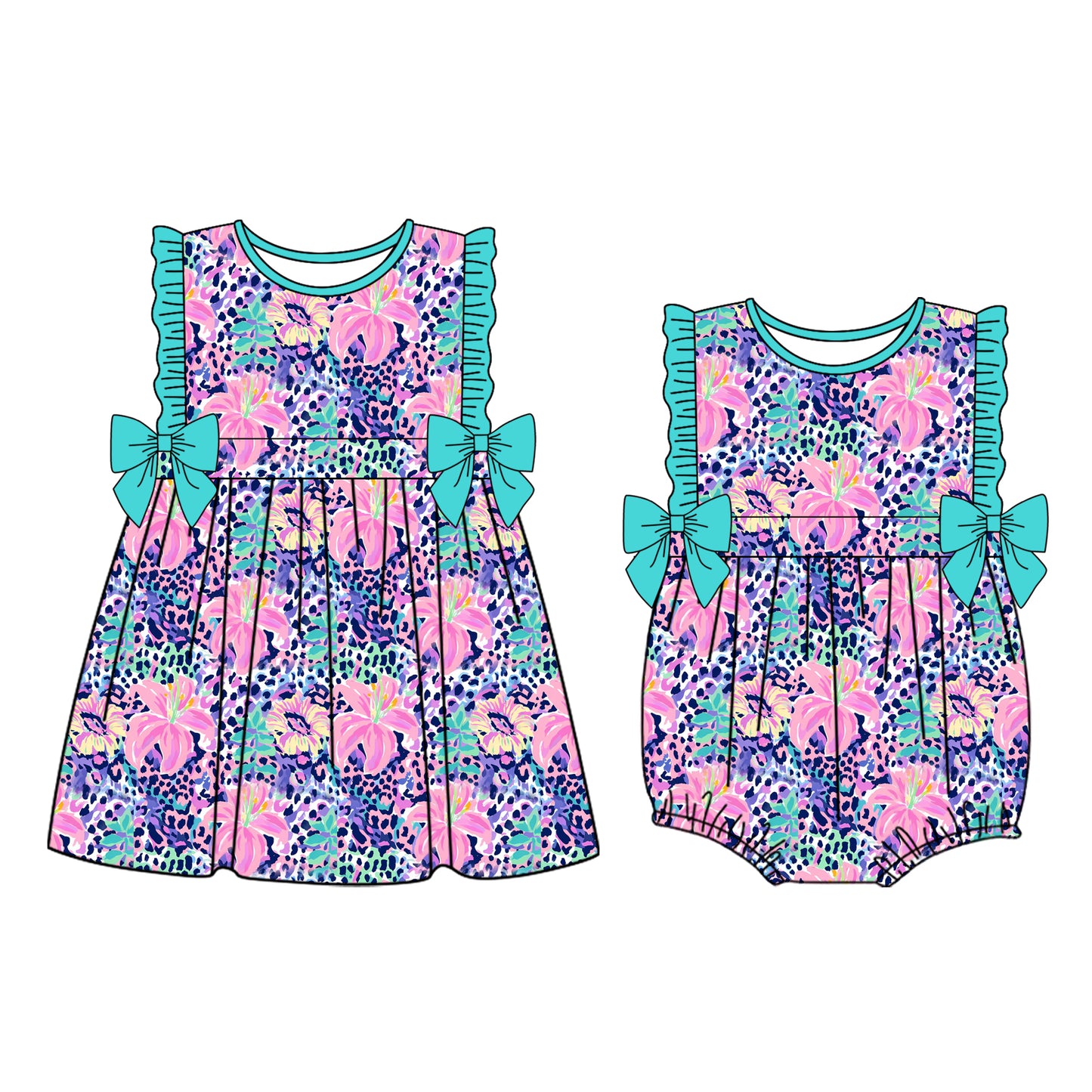 25.11.11 custom each style moq 5 eta 6-8week Sibling Sister floral pattern baby short sleeve romper and dress match design