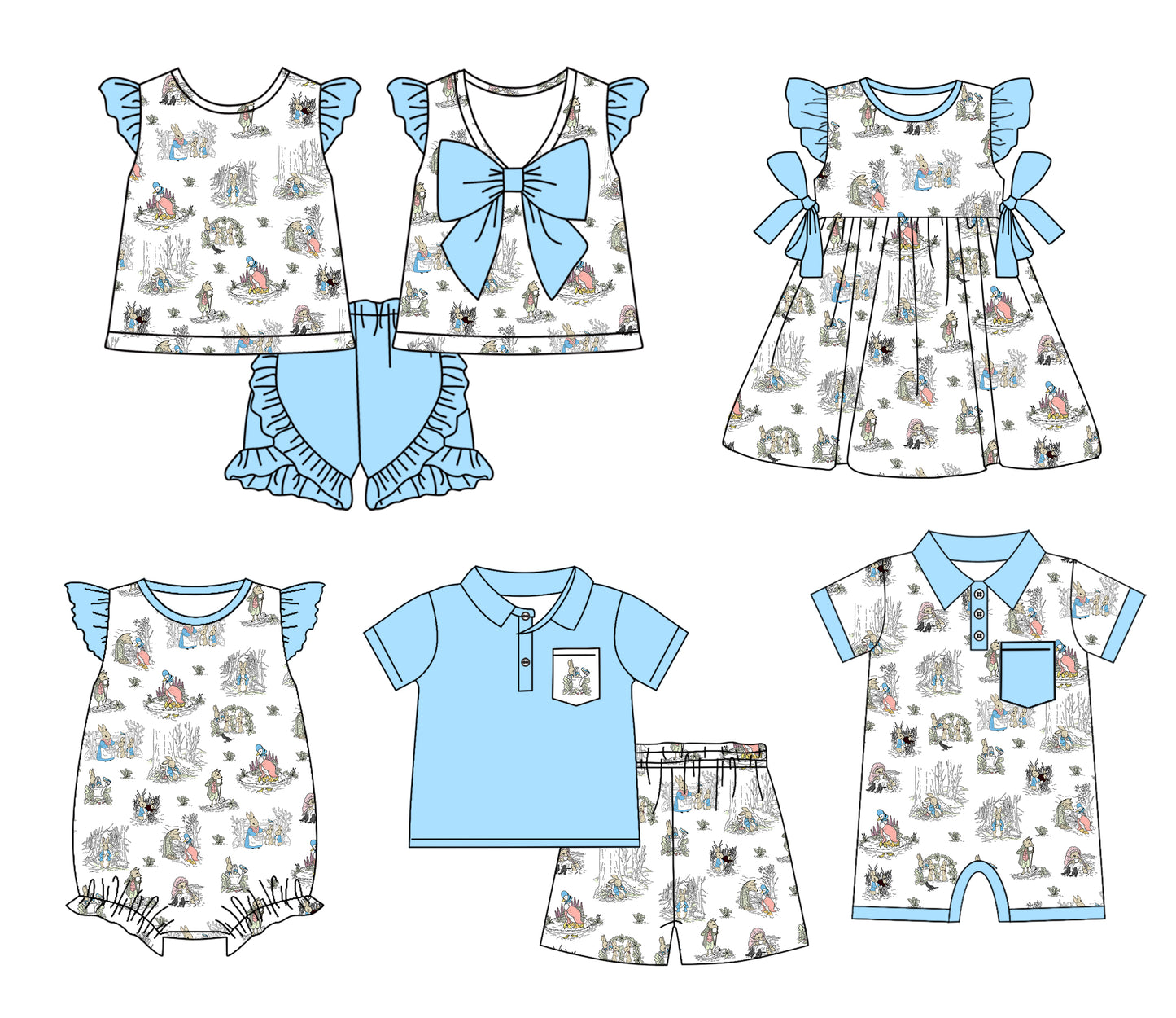 11.9 custom each style moq 5eta 4-6week Sibling Sister blue baby girl short sleeve shorts sets 1 and sets 2 and girls romper and boy romper and dress match design