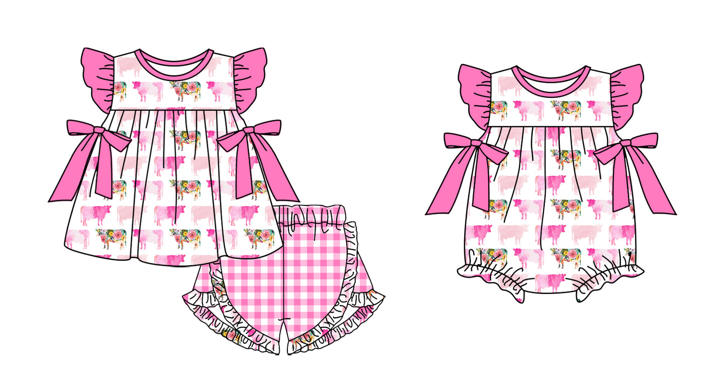 11.13 custom each style moq 5eta 4-6week Sibling Sister cow floral baby girl short sleeve shorts sets and rompers match design