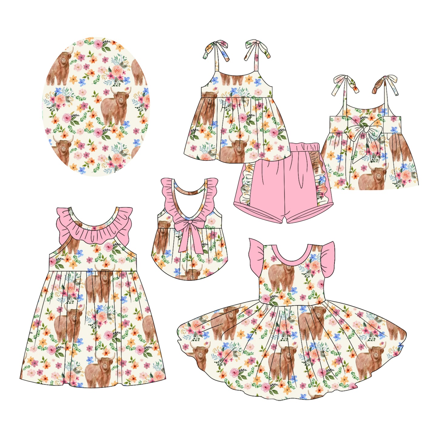 2.20 custom each style moq 5eta 4-6week Sibling Sister alpine floral baby girl short sleeve shorts sets and dress and dress 2 match design