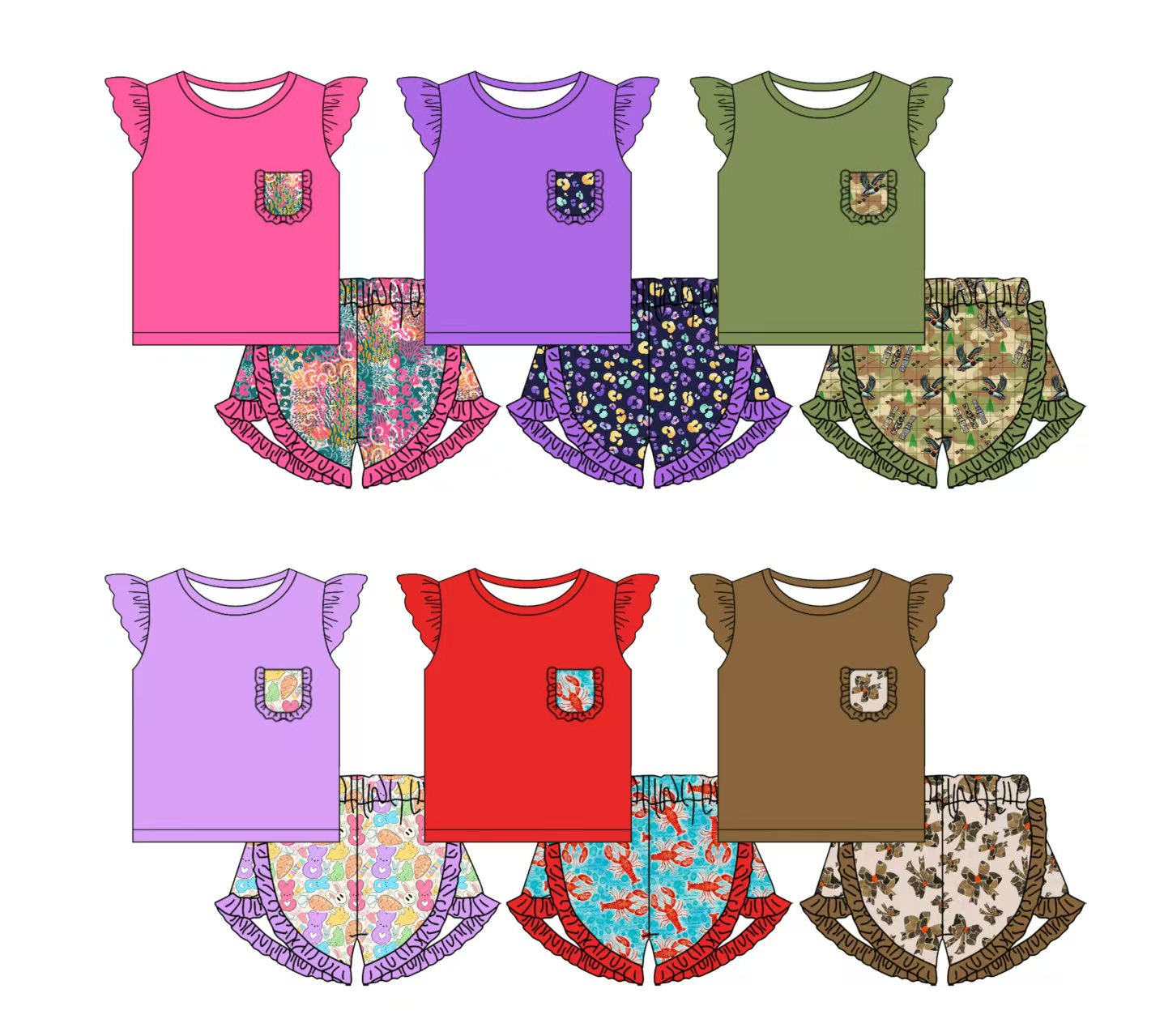 12.5 custom each style moq 5eta 4-6week Sibling Sister easter baby girl short sleeve shorts fish sets 1 and easter sets 2 match design