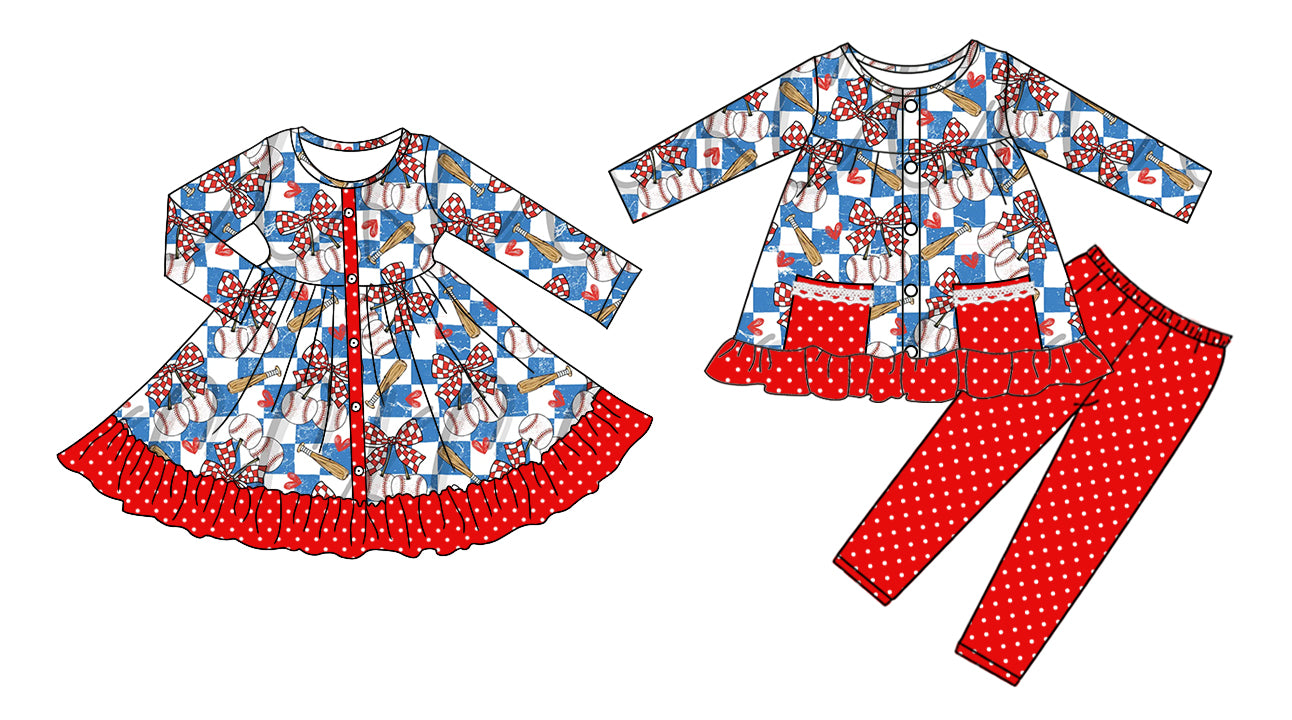 25.8.26 custom each style moq 5eta 4-6week Sibling Sisters baseball bow baby girl long sleeve pants sets and dress match family design