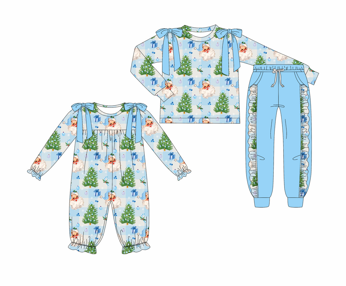 25.7.1 custom each style moq 5eta 4-6week Sibling Sisters Christmas blue baby girl long sleeve pants sets and rompers match family design