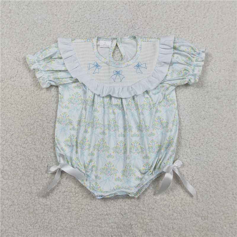 RTS NO MOQ Sibling Baby Girls Smocked Bows Knee Length Dress Rompers with Short Ruffle Sleeves Floral Print