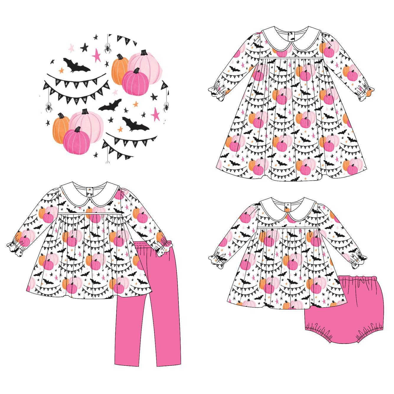Custom moq 5 each style eta 6-7weeks baby girl clothes pumpkin bat long sleeve pants sets and brief sets and dress -25.8.25
