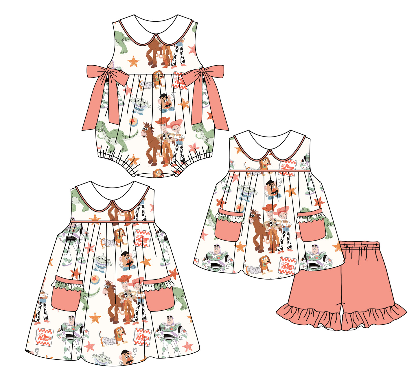 2.24 custom each style moq 5eta 4-6week Sibling Sisters animal baby girl short sleeve shorts sets and dress and rompers match family design