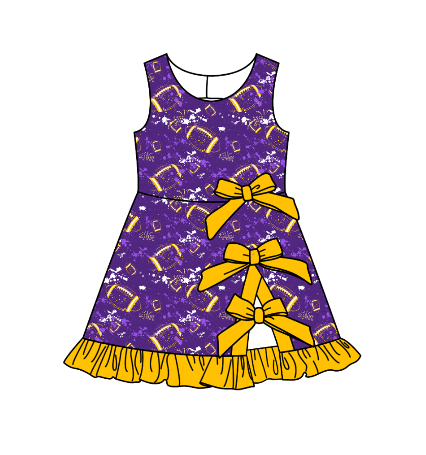 Custom moq 5 mix size milk silk summer teams Baby Girls Sleeveless Football Print Bow Ruffle Yoga Knee Length Dresses