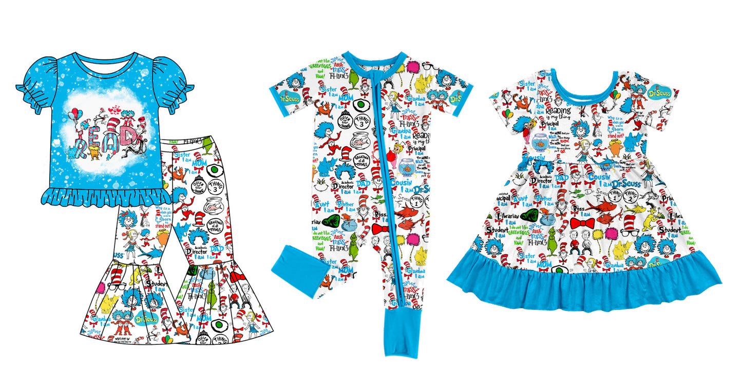 11.30 custom each style moq 5eta 4-6week Sibling Sister dr seuss blue baby girl sets and dress and rompers match family design