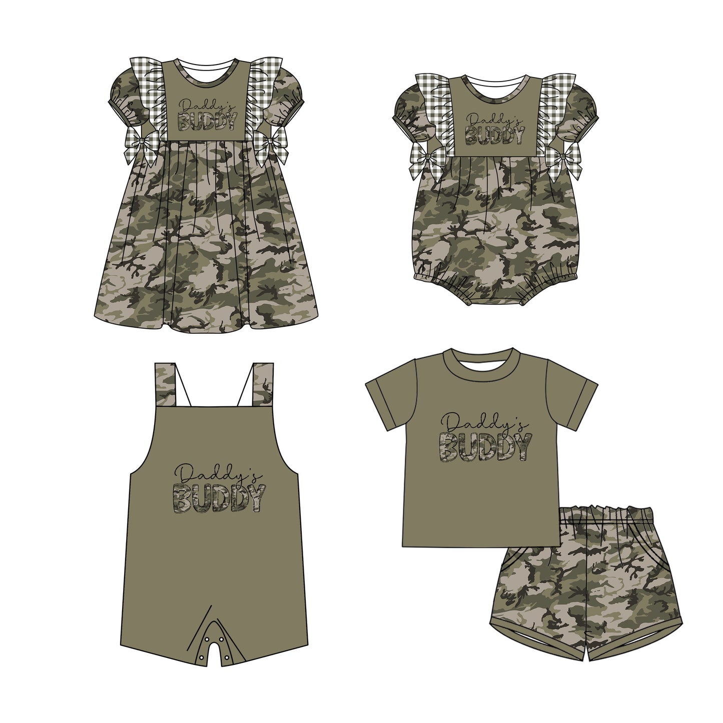 11.21 custom each style moq 5eta 4-6week Sibling Sister DADDY BUDDY camouflage baby boy short sleeve shorts sets and girls romper and boy romper and dress match design
