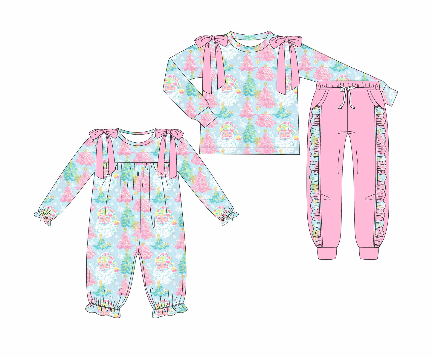 25.7.1 custom each style moq 5eta 4-6week Sibling Sisters Christmas trees pink baby girl long sleeve pants sets and rompers match family design