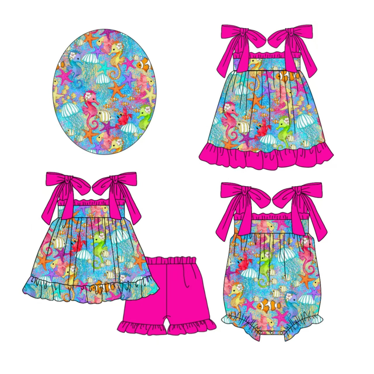 12.5 custom each style moq 5eta 4-6week Sibling Sister starfish baby girl short sleeve shorts sets and dress and rompers match family design