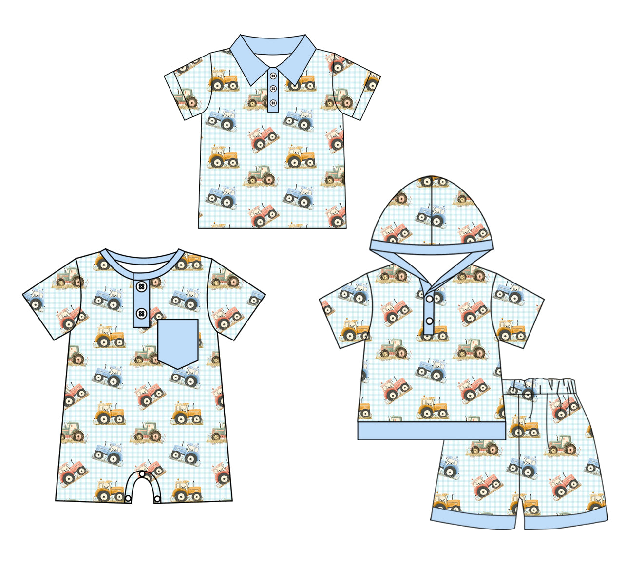 3.14 Custom moq 5 mix size Sibling Baby Boy's Blue Checked Short-Sleeved Hooded Top Shorts Set Matching Short-Sleeved Polo Shirt Romper Outfit for Infants