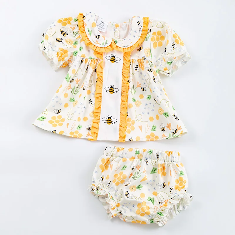 5.21custom each style moq 5eta 4-5week Sibling Sister bee print yellow girls and baby briefs set match family design