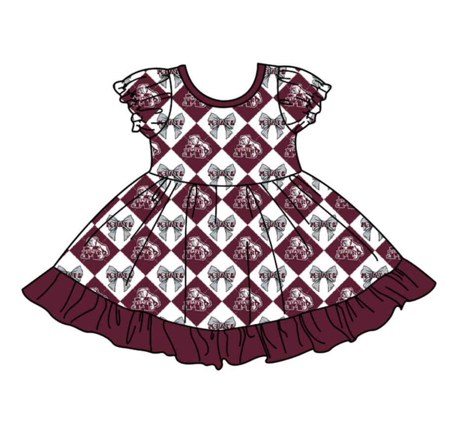 Custom moq 5 mix size Baby Girl's Dark red Plaid Short-Sleeved Team Dress Cute And Stylish Outfit for Little Ones