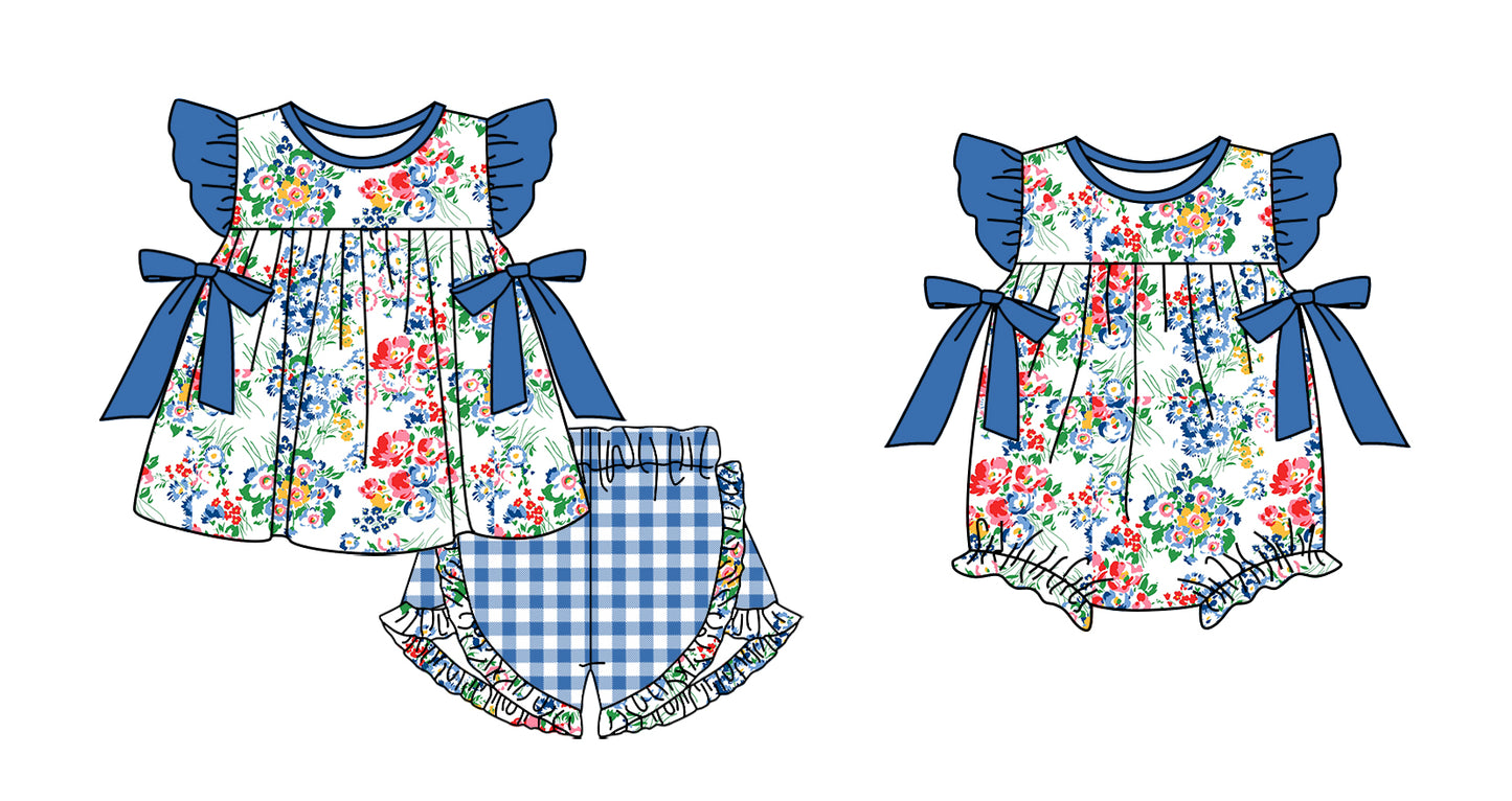 11.13 custom each style moq 5eta 4-6week Sibling Sister floral blue baby girl short sleeve shorts sets and rompers match design