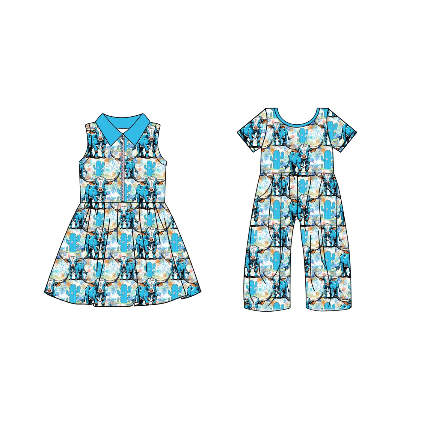 4.19 custom each style moq 5eta 4-6week Sibling Sister cow catcus baby girl short sleeve yoga dresses and jumpsuit match design