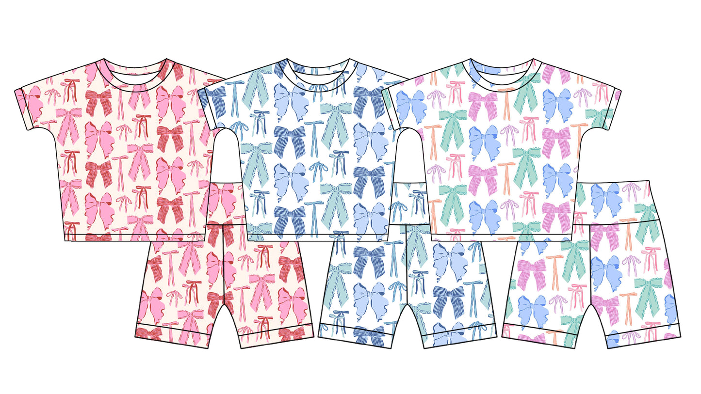 2.21 custom each style moq 5eta 4-6week Sibling Sister bow baby girls short sleeve shorts sets and set 3 match design