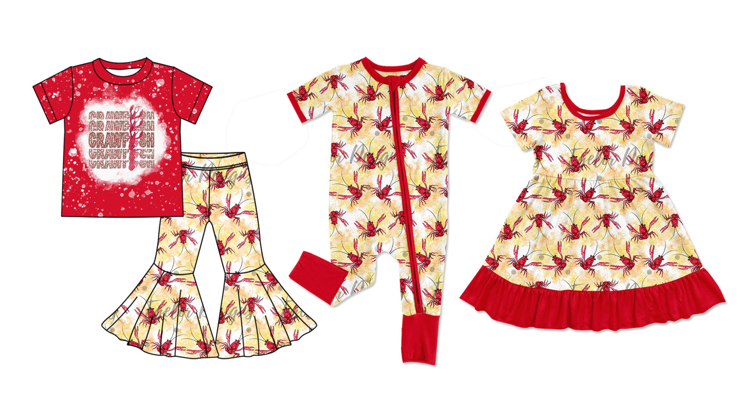 12.6 custom each style moq 5eta 4-6week Sibling Sister crayfish red baby girl sets and dress and rompers match family design