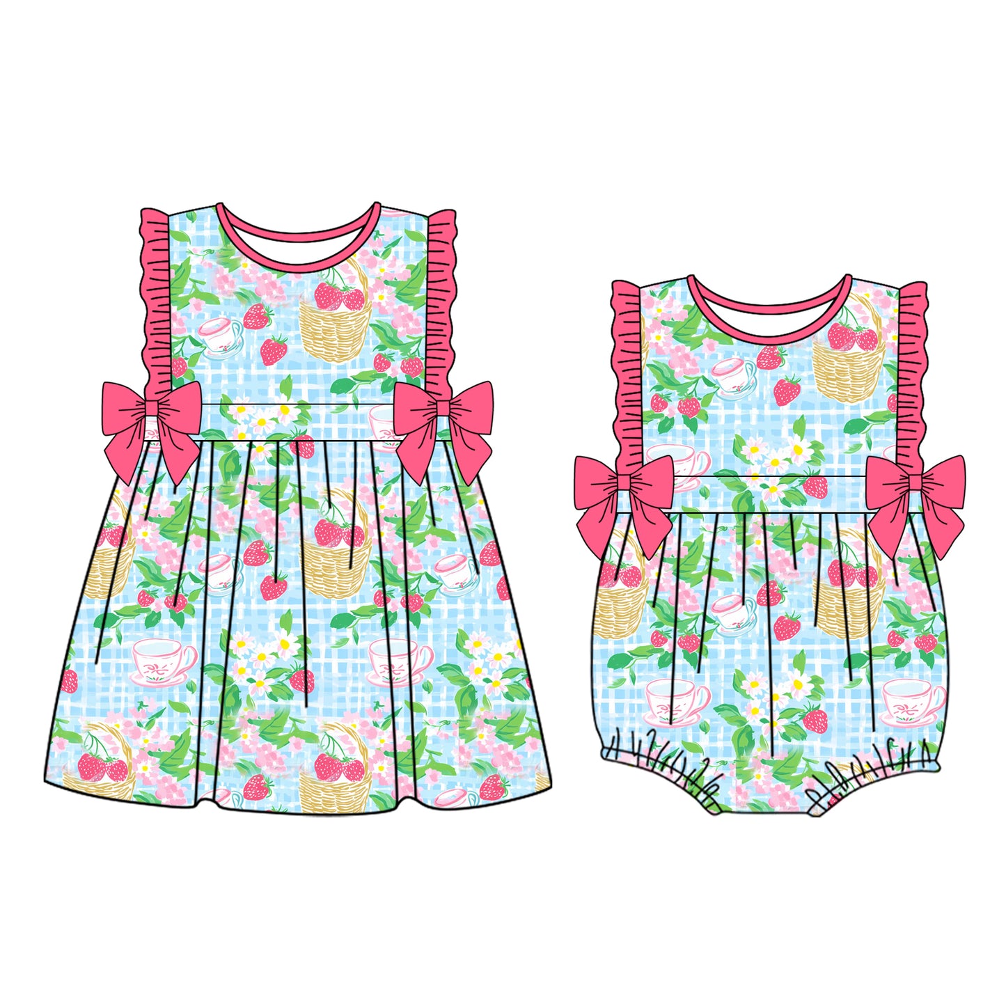 25.11.11 custom each style moq 5 eta 6-8week Sibling Sister strawberry floral baby short sleeve romper and dress match design