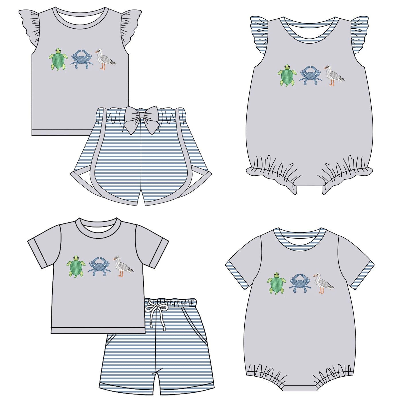 12.19 custom each style moq 5eta 4-6week Sibling Sister duck turtle crab baby girl short sleeve shorts sets and sets 2 and girls romper and boy romper match design