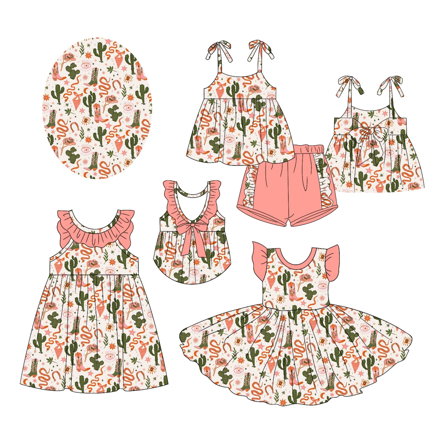 3.4 custom each style moq 5eta 4-6week Sibling Sister catcus baby girl short sleeve shorts sets and dress and dress 2 match design