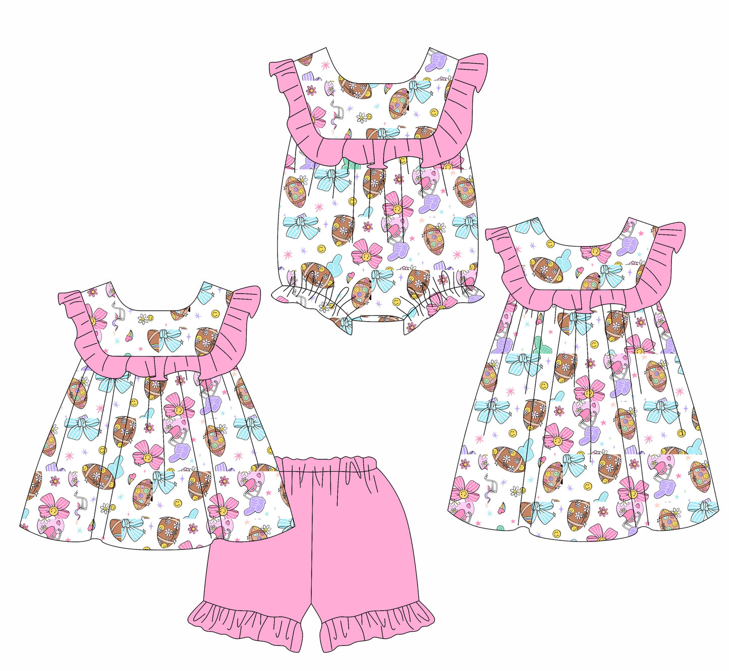3.1 custom each style moq 5eta 4-6week Sibling Sister rugby bow baby girl short sleeve shorts sets and dress and rompers match family design