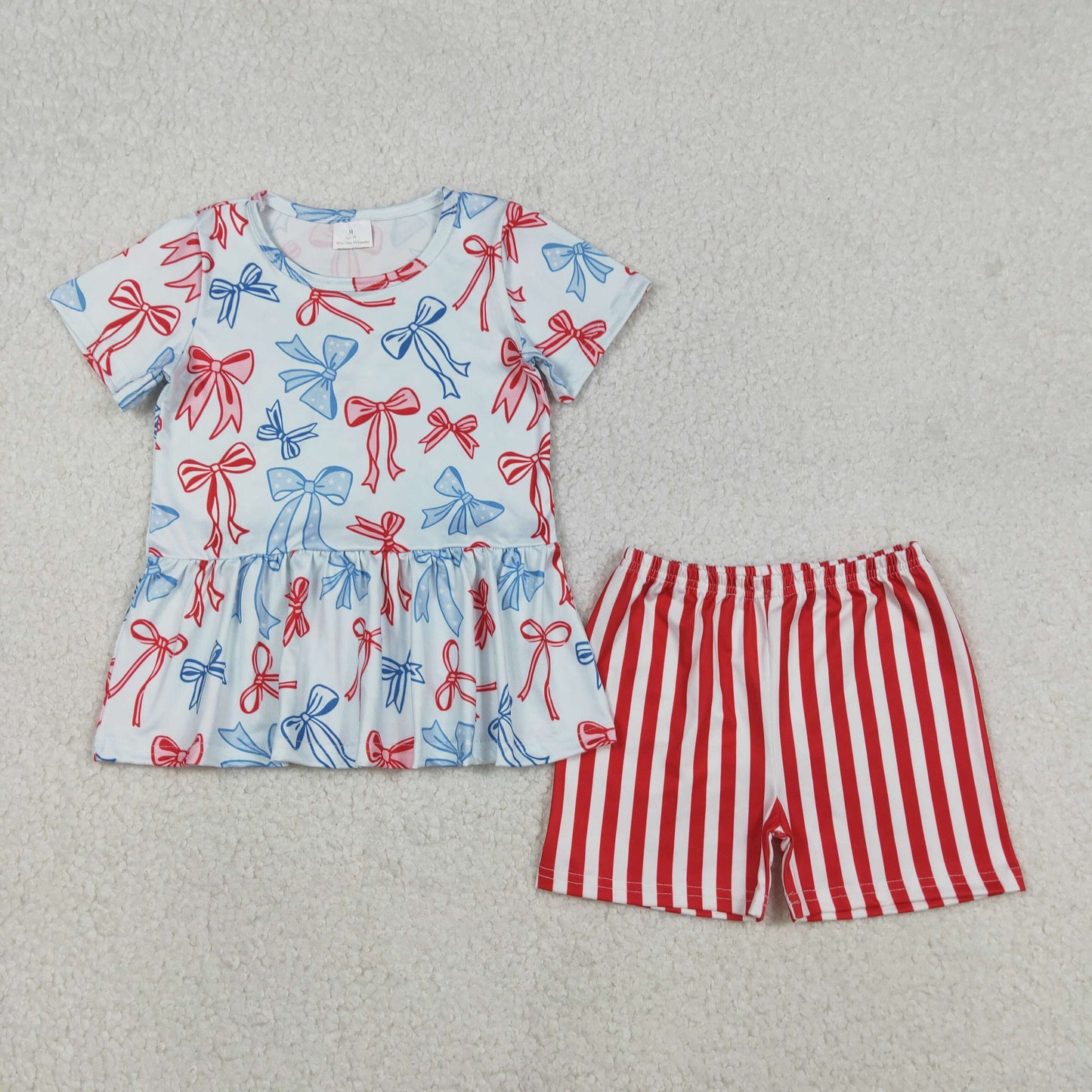 RTS NO MOQ(In Stock) National Day Red and Blue Bow Pattern Short-Sleeved Vertical Striped Shorts Set