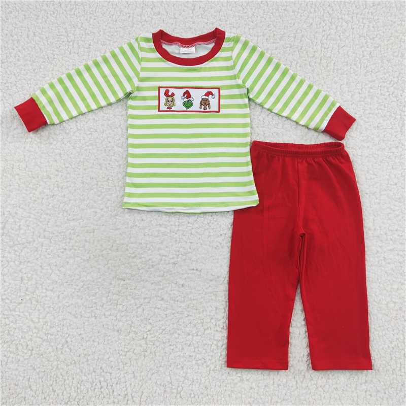 RTS NO MOQ(In Stock ) BLP0199 Embroidered Christmas long sleeve pants set