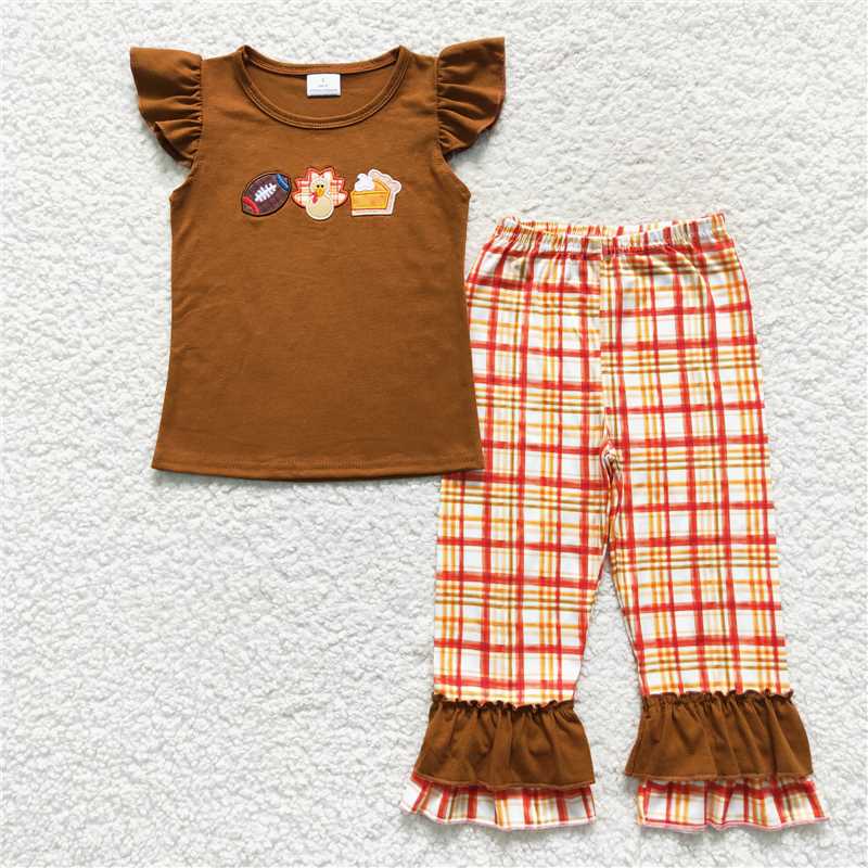 RTS NO MOQ(In Stock) GSPO0759 Embroidered turkey short-sleeved trousers suit