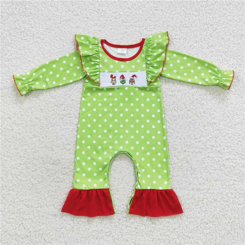 RTS NO MOQ(In Stock) LR0387 Embroidered Christmas long-sleeved jumpsuit