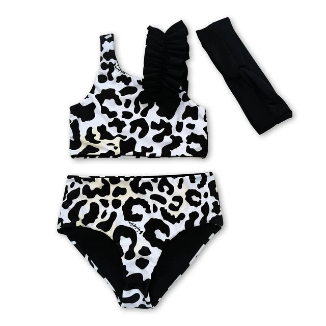 RTS NO MOQ Sibling Baby Girls Leopard Print 3pcs Swimsuits