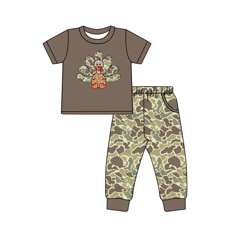 Custom moq 5 mix size milk silk summer baby boy clothes camouflage turkey short sleeve pants sets-25.8.15