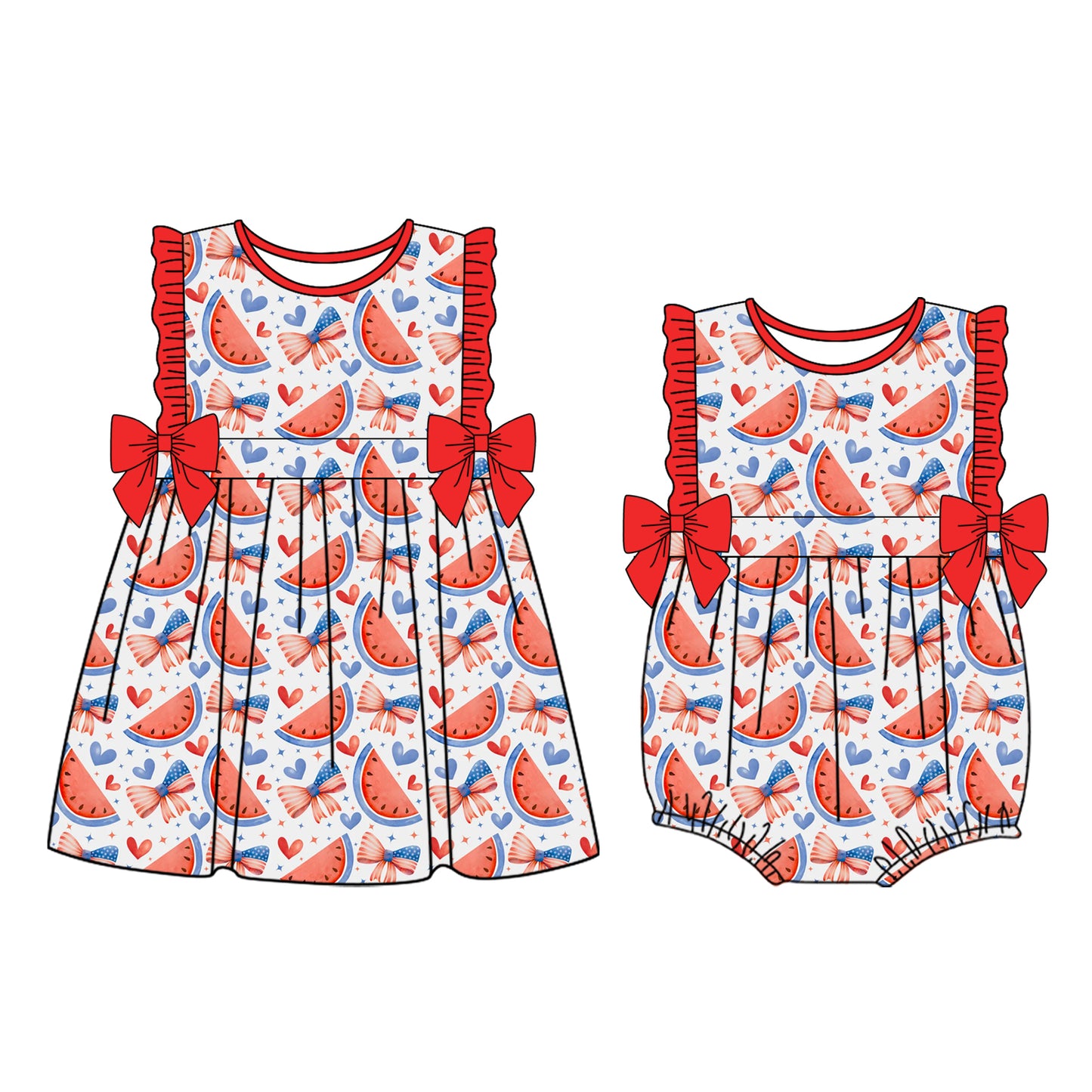 25.12.26 custom each style moq 5 eta 6-8week Sibling Sister bow flag baby short sleeve romper and dress match design