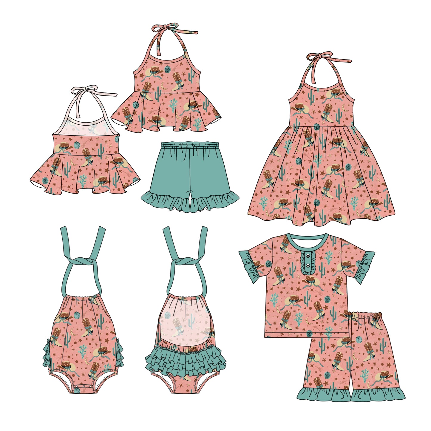 2.25 custom each style moq 5eta 4-6week Sibling Sister boot hat baby girl short sleeve shorts sets and sets 2 and boy romper and dress match design