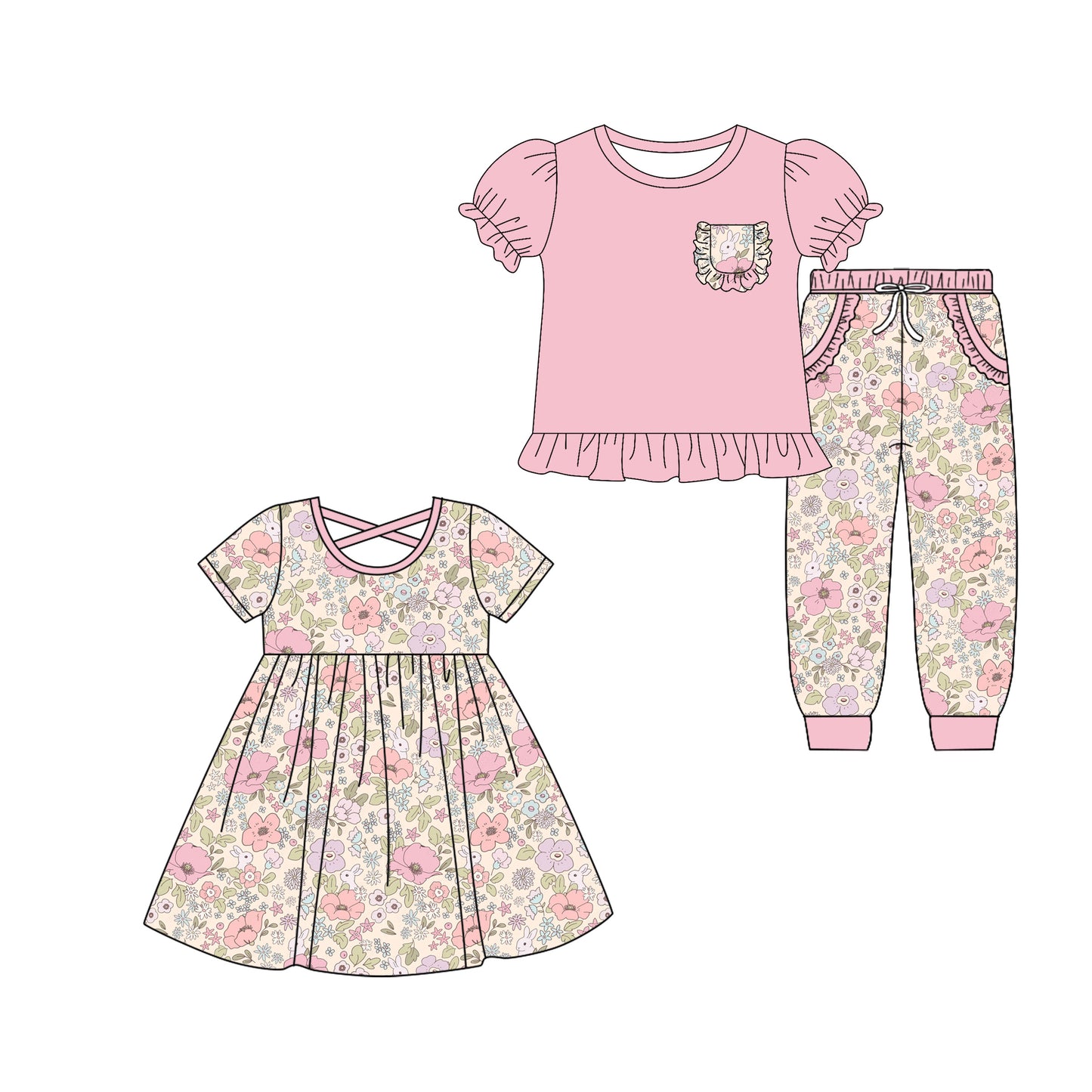 25.9.13 custom each style moq 5eta 6-8week Sibling Sisters floral pink baby girl short sleeve pants sets and dress match family design