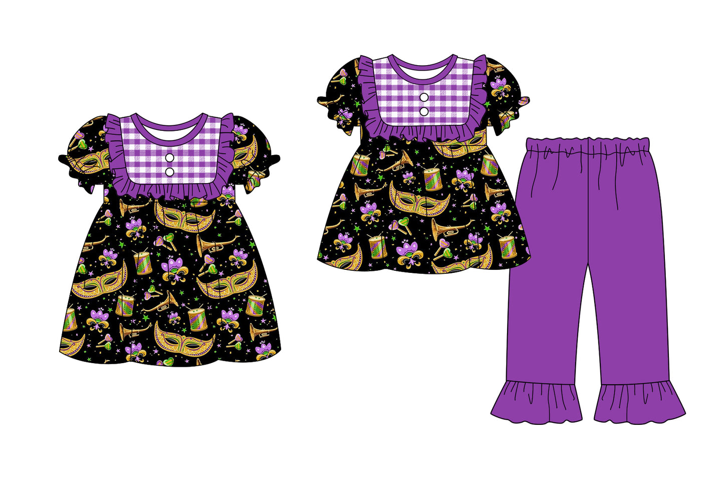 25.9.16 custom each style moq 5eta 6-8week Sibling Sisters mardi gras purple baby girl short sleeve pants sets and dress match family design