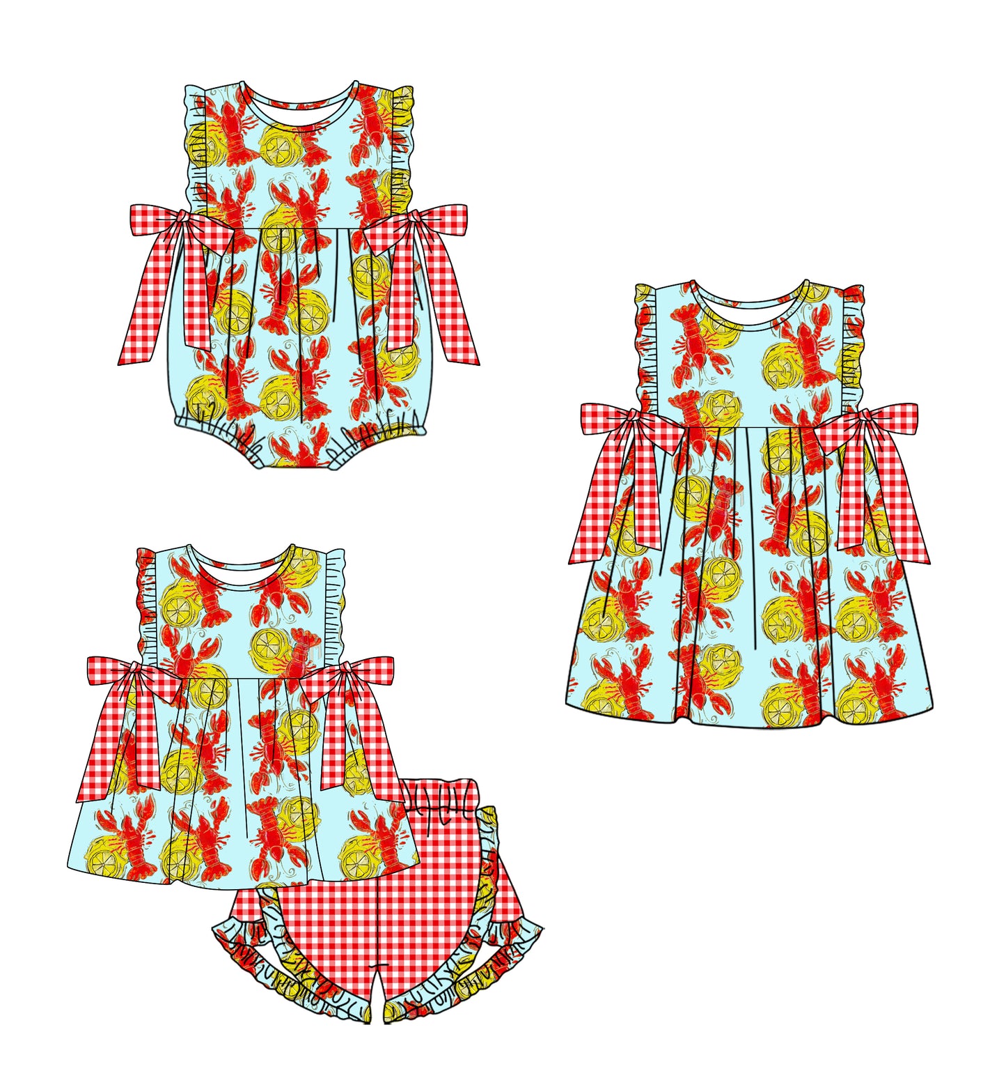 12.16 custom each style moq 5eta 4-6week Sibling Sister lobster baby girl short sleeve shorts sets and dress and rompers match family design