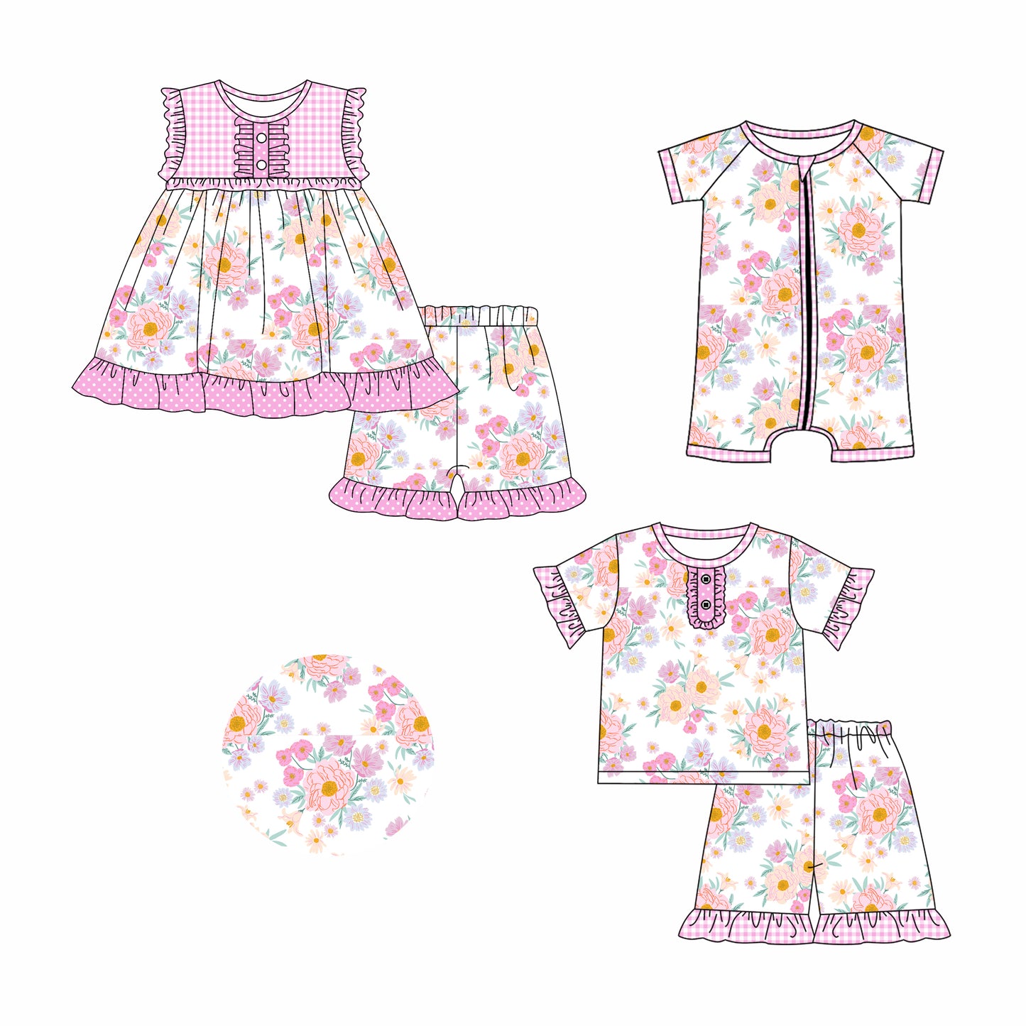 2.26 custom each style moq 5eta 4-6week Sibling Sister floral baby girl short sleeve shorts sets and sets 2 and boy romper match design