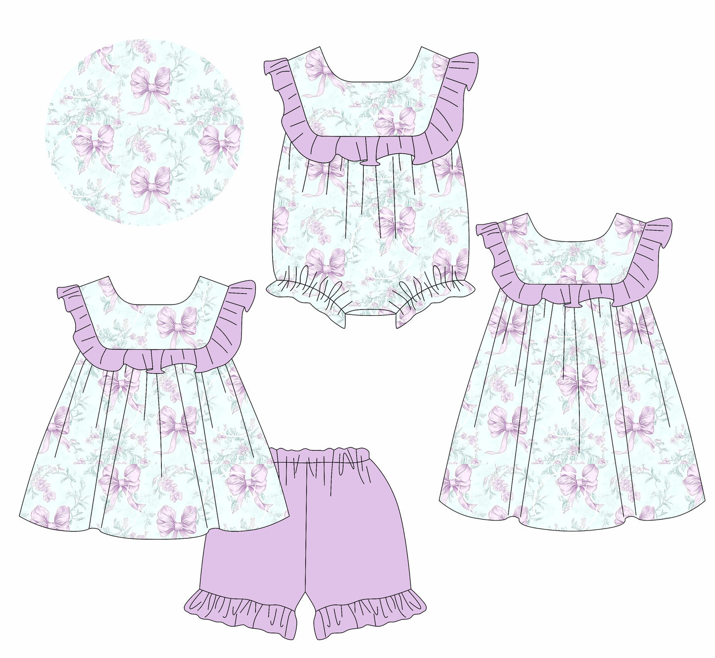 2.20 custom each style moq 5eta 4-6week Sibling Sisters bow floral baby girl short sleeve shorts sets and dress and rompers match family design