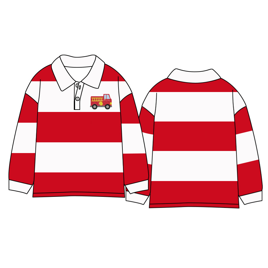 8.15 custom each style moq 5 eta 4-6week baby boys clothes fire truck red and white striped long sleeve top