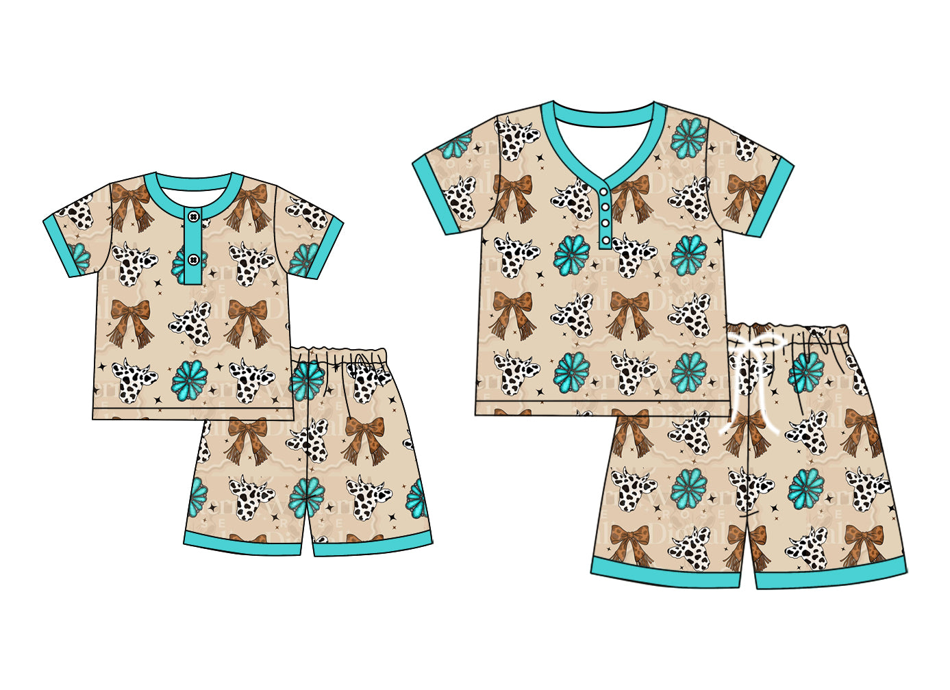 4.21 custom each style moq 5eta 4-6week Sibling Sister bow cow head short sleeve shorts sets and adult sets match design