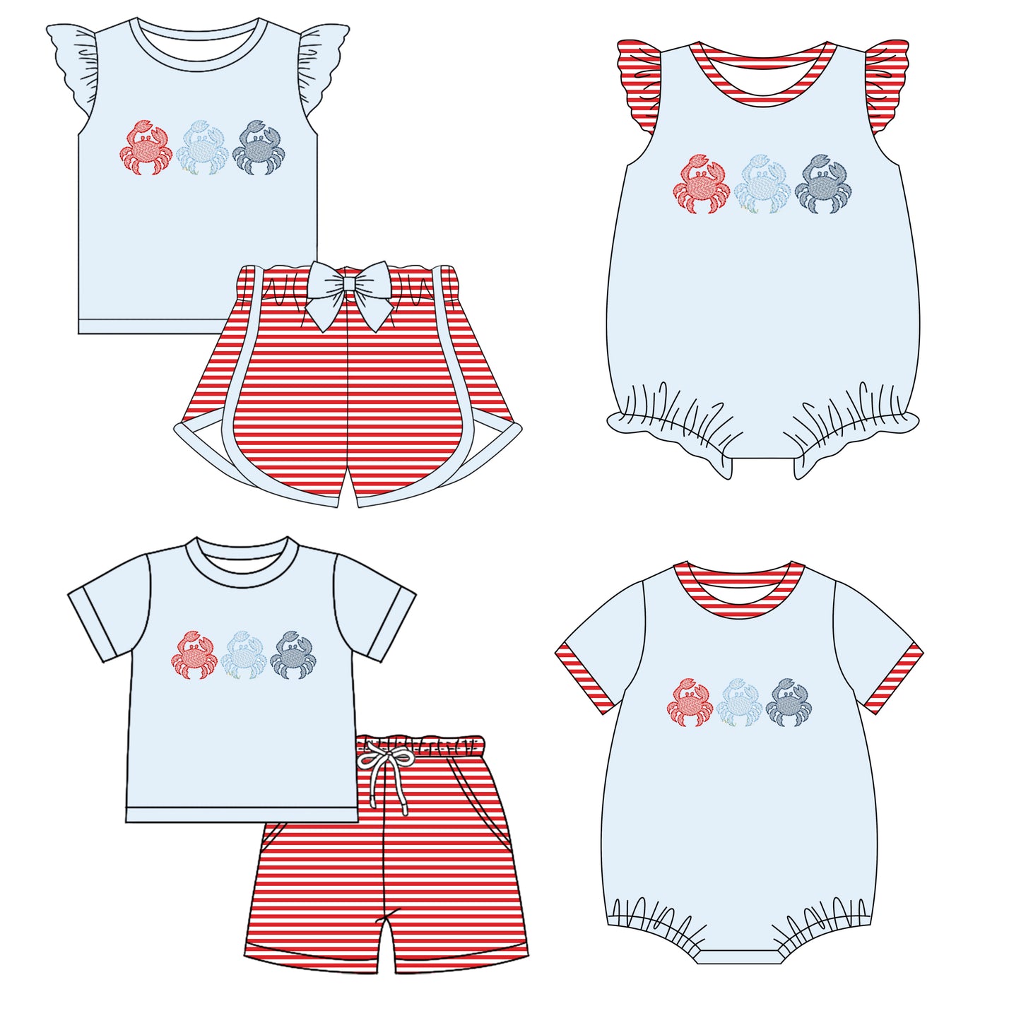 12.19 custom each style moq 5eta 4-6week Sibling Sister crab baby girl short sleeve shorts sets and sets 2 and girls romper and boy romper match design