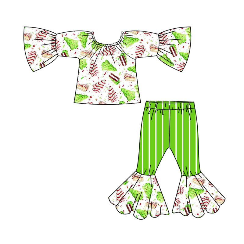 6.29 custom each style moq 5eta 4-6week girls Christmas green long sleeve striepd pants baby girls sets