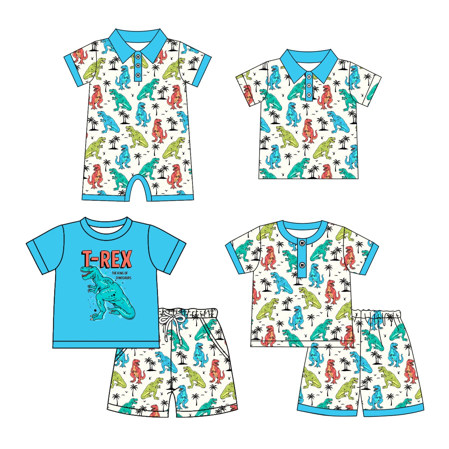 4.25 custom each style moq 5eta 4-6week Sibling Sister dinosaur baby boy sets 1 and sets 2 and boy rompers and top match family design