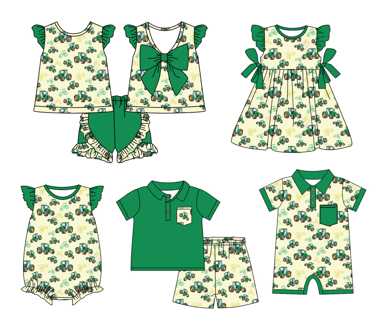 12.17 custom each style moq 5eta 4-6week Sibling Sister tractor baby girl short sleeve shorts sets and sets 2 and girls romper and boy romper and dress match design
