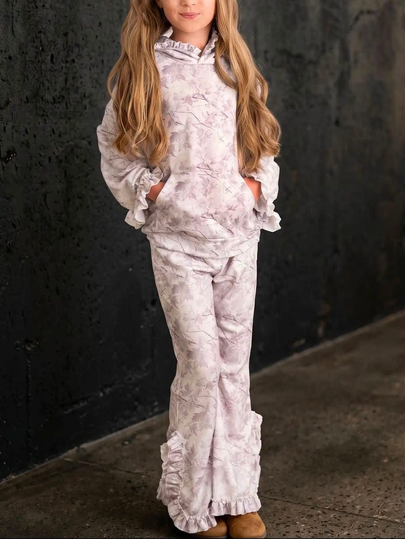 custom moq 5 mix size TYHS0102 Baby Girls Pink Tie Dye Marble Print Ruffle Hooded Top Flare Pant Casual Clothing Set