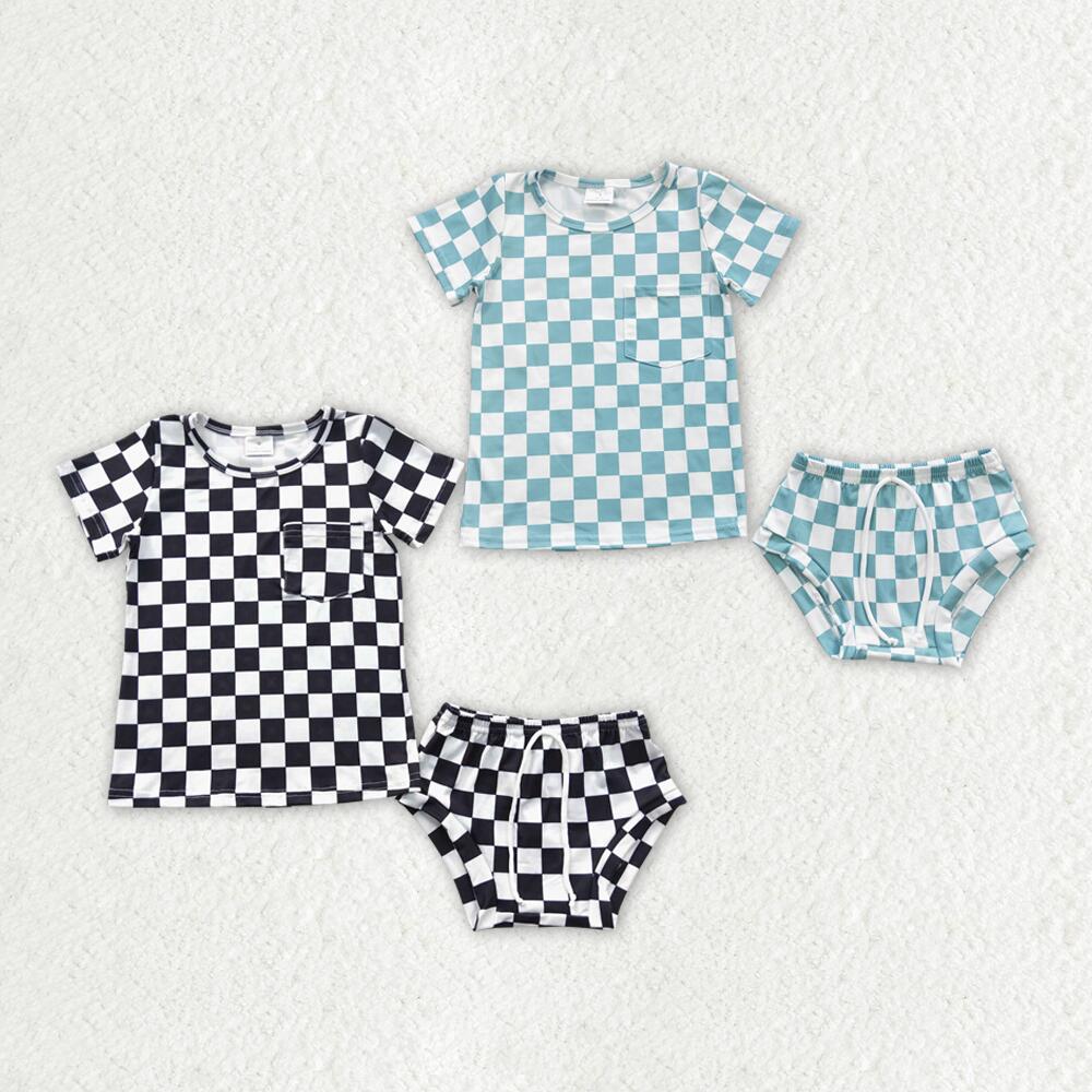 GBO0144 RTS GBO0140 Black Plaid Short Sleeve Briefs Set Green Plaid Short Sleeve Briefs Set
