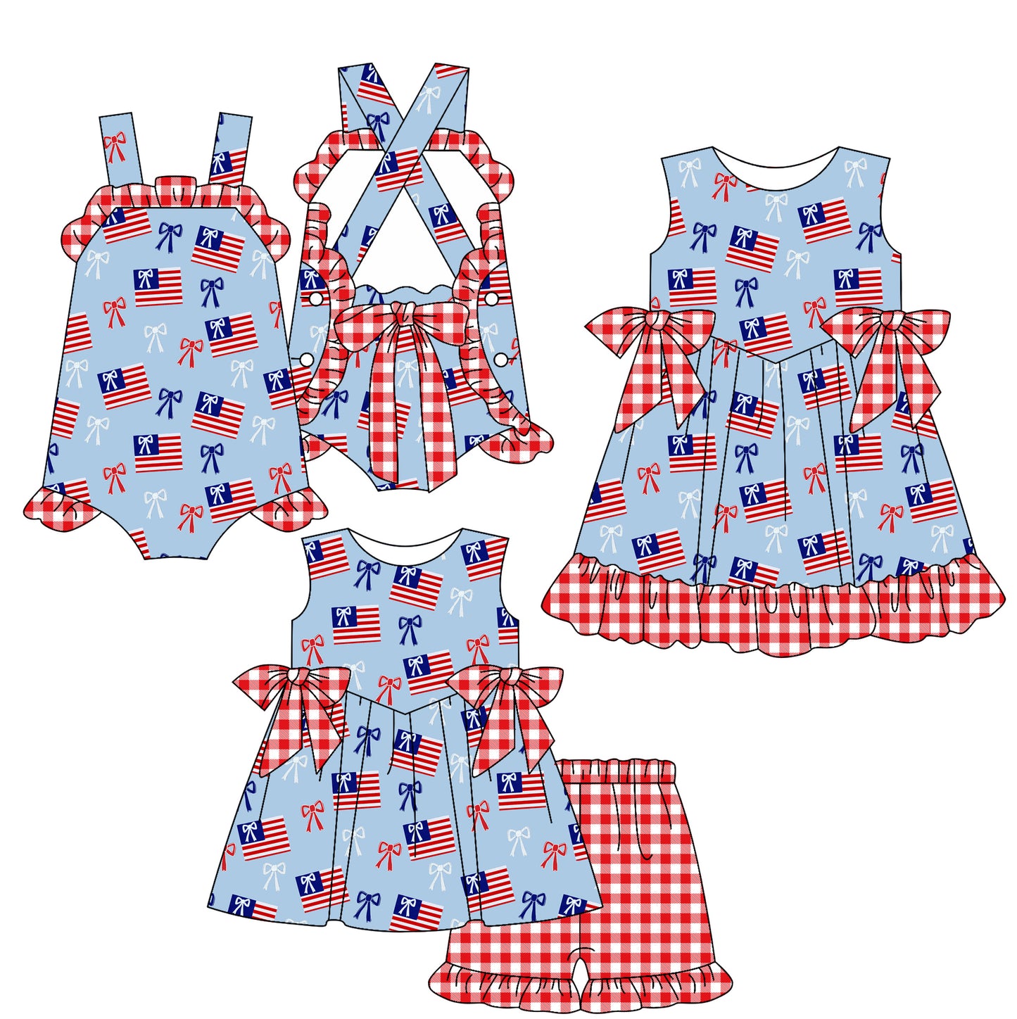 2.27 Custom moq 5 mix size Sibling Baby Girl's 4th of July Sleeveless Top And Shorts Set Cute Romper Dress for Summer