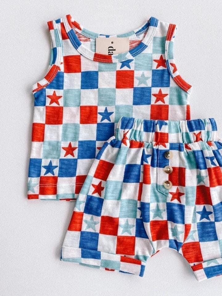 custom moq 5 eta 5-6weeks Boys' red five-pointed star short-sleeved shorts suit