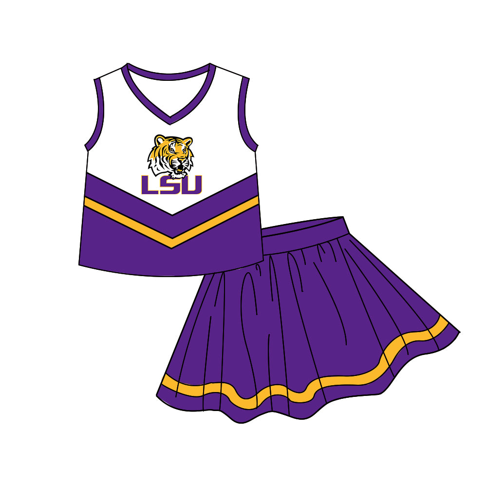 Custom moq 5 mix size milk silk summer teams Baby Girls Purple Cheerleader Skirt Team Clothes Set